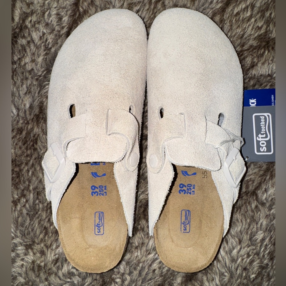 Birkenstock Boston Mules Antique White Suede Leather Slides - Picture 5 of 8